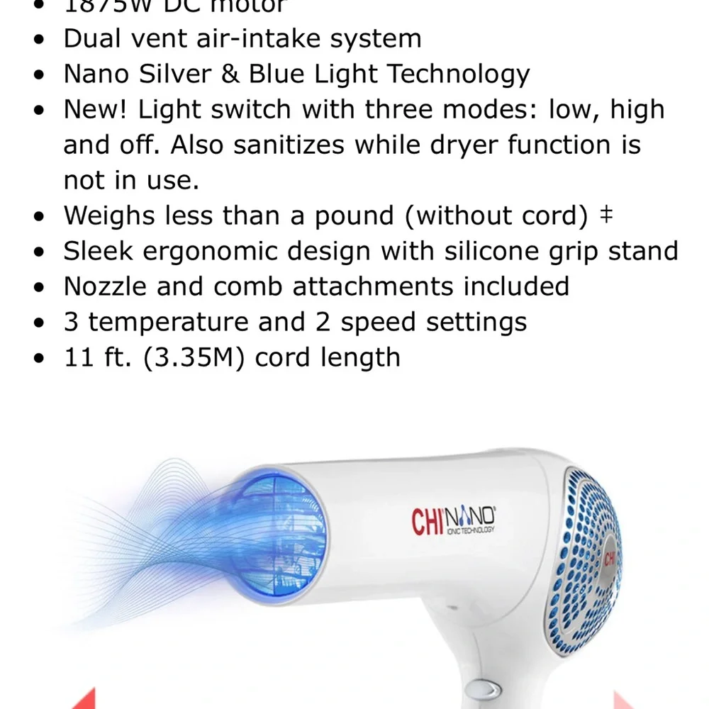 Chi pro Nano ionic technology Silver Blue Light Cleaner air Hair Dryer like new - Picture 3 of 14